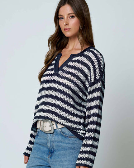 STRIPE RAW EDGE SPLIT NECK SHEER KNIT SWEATER