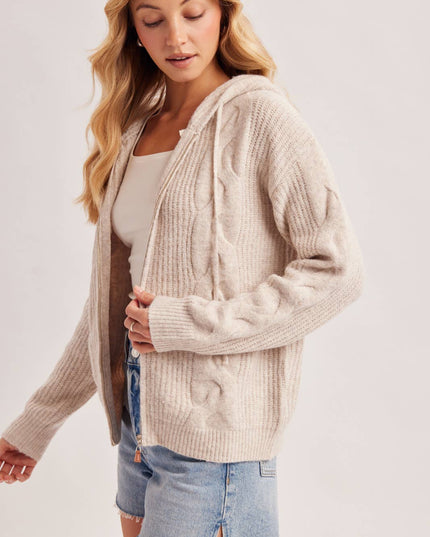 ZIP-UP CABLE KNIT SWEATER CARDIGAN WITH HOOD