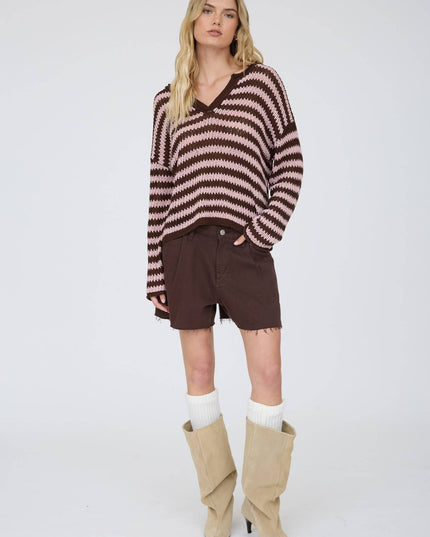 STRIPE RAW EDGE SPLIT NECK SHEER KNIT SWEATER