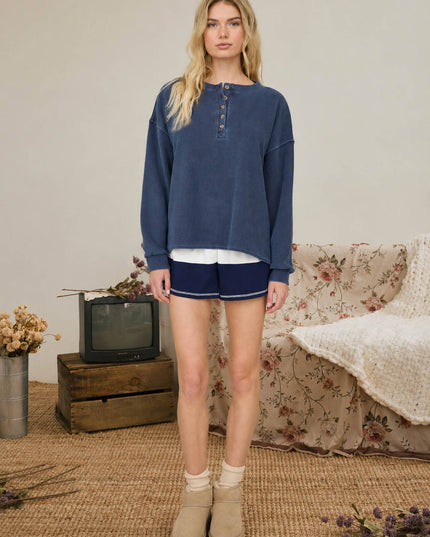 HENLEY RIBBED BOXY LONG SLEEVE WASHED KNIT TOP