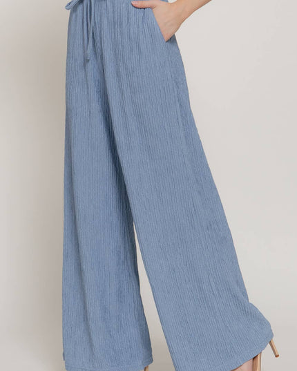 Waistband with String Crinkle Knit Long Pants