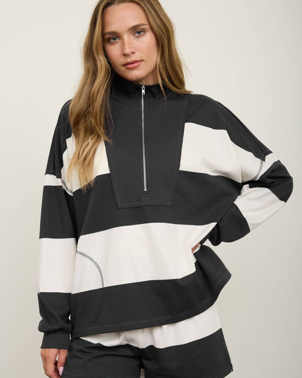 WIDE STRIPE HALF ZIP LONG SLEEVE KNIT TOP