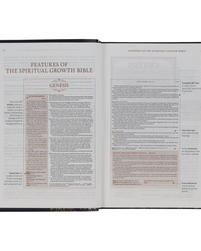 NLT, The Spiritual Growth Bible Faux Leather, Black Floral