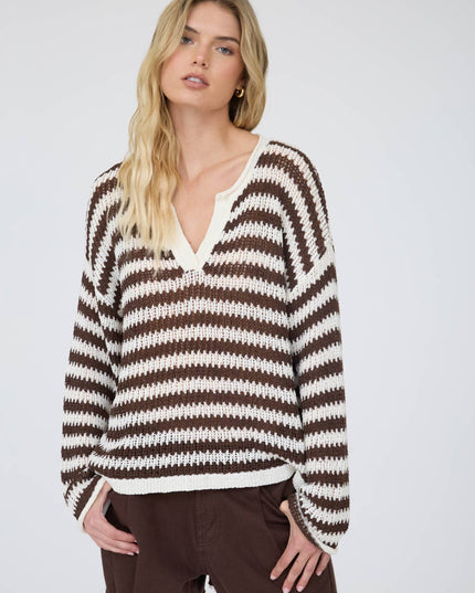 STRIPE RAW EDGE SPLIT NECK SHEER KNIT SWEATER