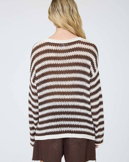 STRIPE RAW EDGE SPLIT NECK SHEER KNIT SWEATER