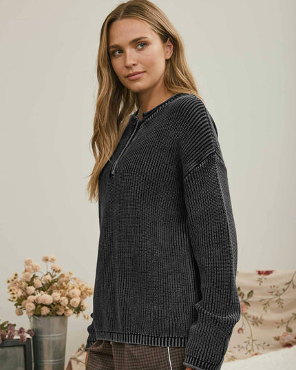 WASHED RIBBED HENLEY DROP SHOULDER KNIT SWEATER