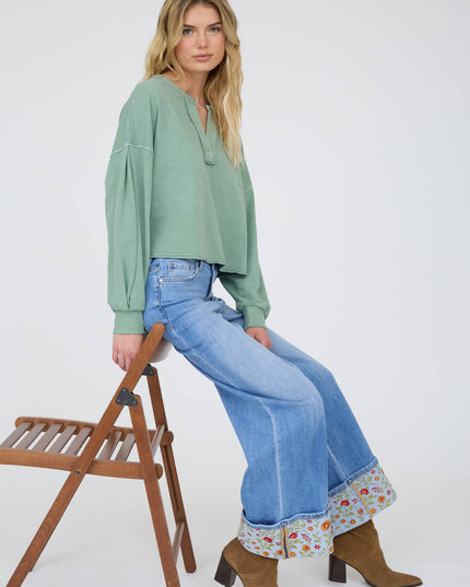 NOTCH NECK BOXY LONG SLEEVE KNIT CROP TOP
