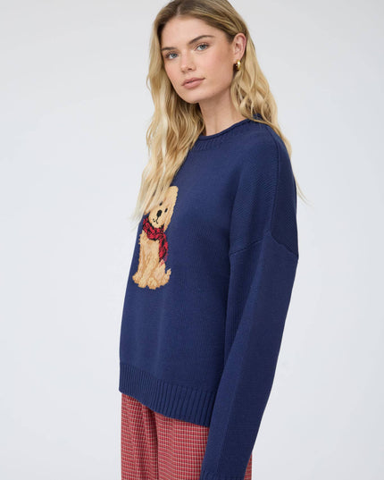INTARSIA PUPPY CREW NECK RELAXED SWEATER