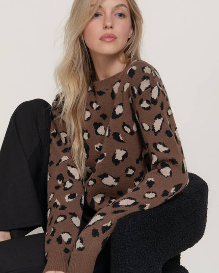 Long Sleeve Crew Neck Animal Jacquard Sweater Top