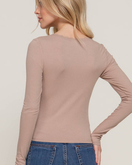 Long Sleeve Scoop Neck with Lace Trim Rib Knit Top