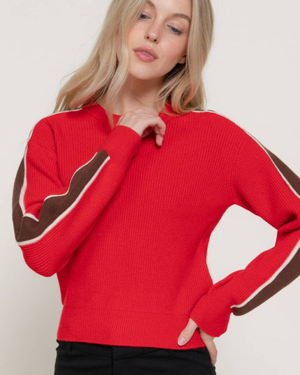 Long Sleeve Round Neck Sleeve Line Detail Sweater