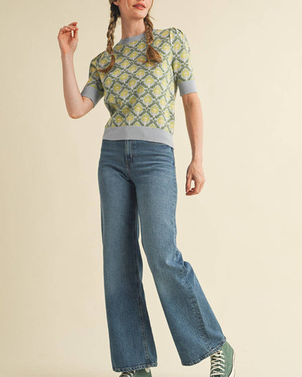 FLORAL PATTERN SHORT SLEEVE SWEATER MSW10860