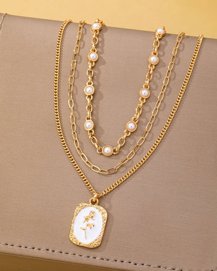 Layered Enamel Pearl & Rose Tag Pendant Necklace | 80N93573