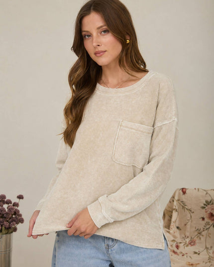 WASHED POCKET DETAIL LONG SLEEVE RIB KNIT TOP