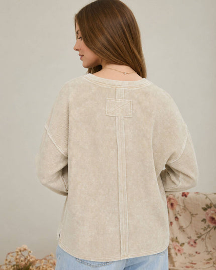WASHED POCKET DETAIL LONG SLEEVE RIB KNIT TOP