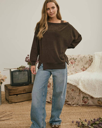 TIERED SLEEVE BOAT NECK EXPOSED SEAM KNIT TOP