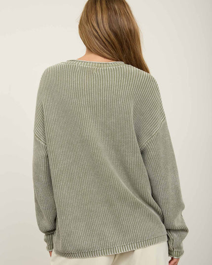 WASHED RIBBED HENLEY DROP SHOULDER KNIT SWEATER