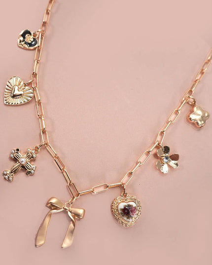 CHARM NECKLACE-PORCELAIN FLORAL BOW CROSS HEART | 80N92151