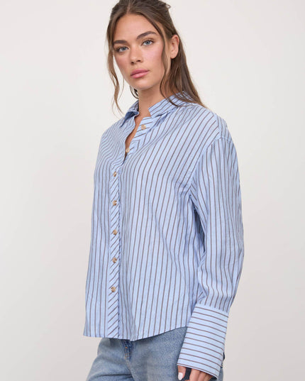 STRIPE COLLARED BACK BUTTON DETAIL LONG SLEEVE TOP