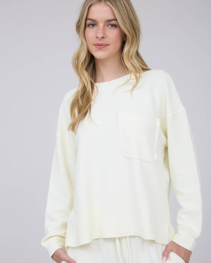 WASHED POCKET DETAIL LONG SLEEVE RIB KNIT TOP