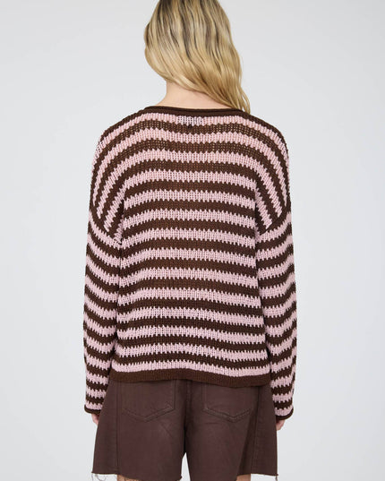 STRIPE RAW EDGE SPLIT NECK SHEER KNIT SWEATER