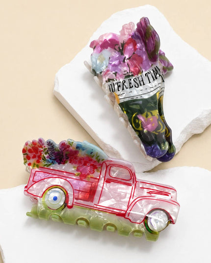 FLOWER BOUQUET & VINTAGE FLOWER TRUCK HAIR CLAW | 40H1150