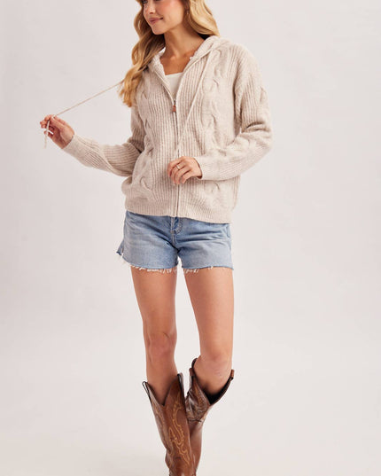 ZIP-UP CABLE KNIT SWEATER CARDIGAN WITH HOOD