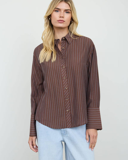 STRIPE COLLARED BACK BUTTON DETAIL LONG SLEEVE TOP