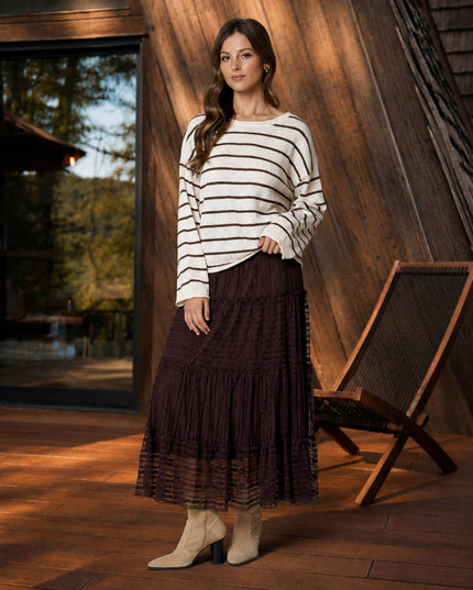 STRIPE TEXTURED RAW EDGE LONG SLEEVE KNIT SWEATER