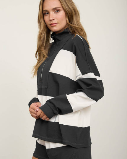 WIDE STRIPE HALF ZIP LONG SLEEVE KNIT TOP