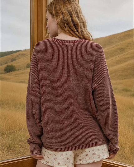 WASHED RIBBED HENLEY DROP SHOULDER KNIT SWEATER
