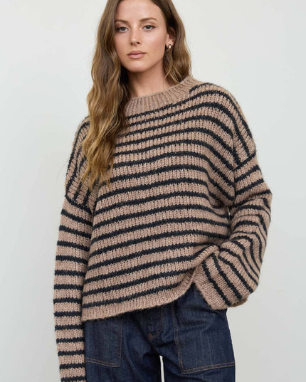 STRIPE ROLLED EDGE DETAIL LONG SLEEVE KNIT SWEATER