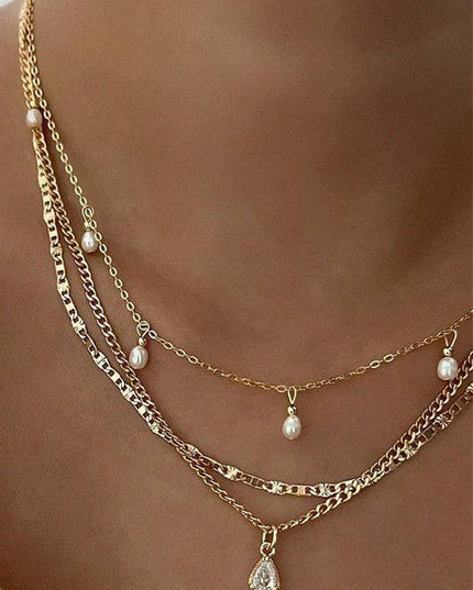 MULTI LAYER STONE CHAIN TEARDROP CHARM NECKLACE | 40NK9637