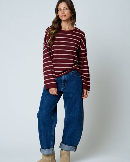 STRIPE TEXTURED RAW EDGE LONG SLEEVE KNIT SWEATER