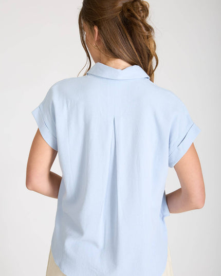 COLLARED SPLIT NECK CUFF SLEEVE U HEM LINEN TOP