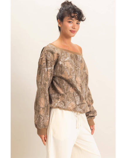 Tree Camouflage Print Off The Shoulder Sweatshirt