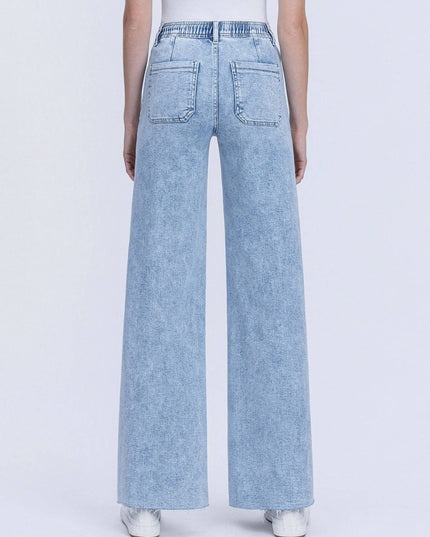 HIGH RISE DRAWSTRING WAISTBAND WIDE LEG JEANS F6065
