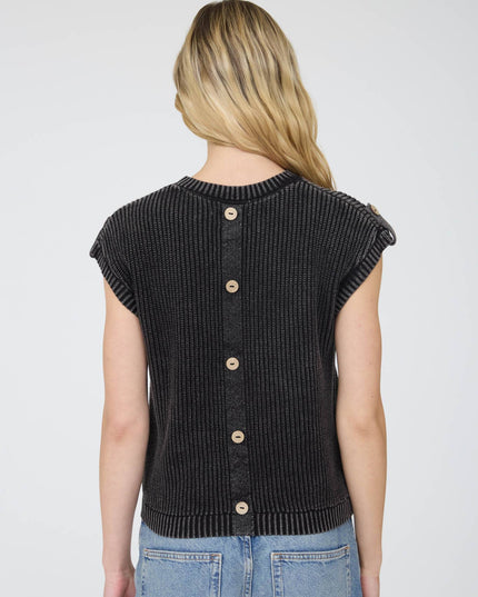 ACID WASHED TAB SLEEVE BACK BUTTON KNIT TOP