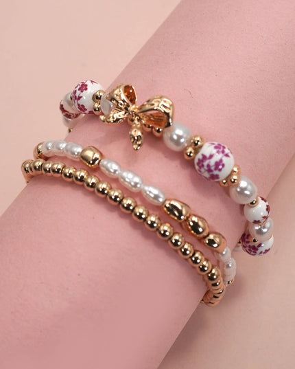 PINK CERAMIC PORCELAIN BOW MULTI LAYER BRACELET | 80B1340