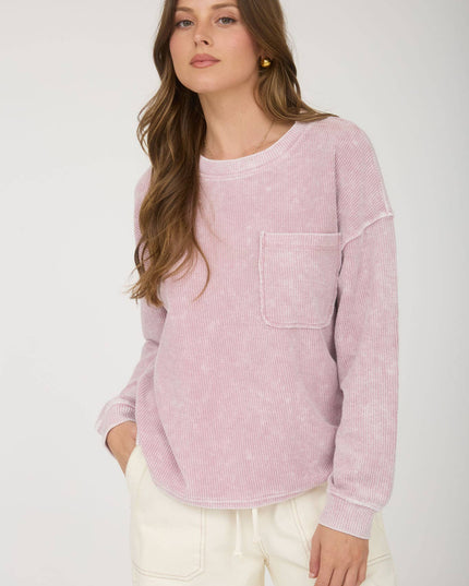 WASHED POCKET DETAIL LONG SLEEVE RIB KNIT TOP