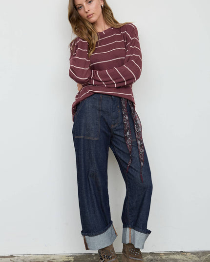 STRIPE LONG SLEEVE CUFFED RELAXED KNIT TOP