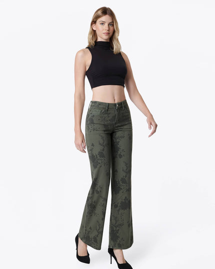 MID RISE GREEN FLORAL PRINT VINTAGE FLARE JEANS T7588GEN
