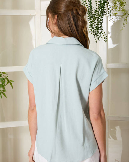 COLLARED SPLIT NECK CUFF SLEEVE U HEM LINEN TOP