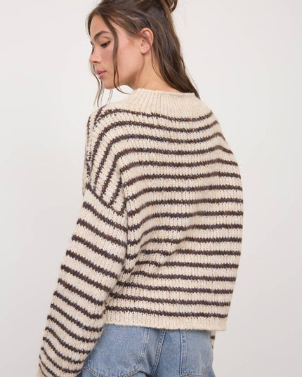 STRIPE ROLLED EDGE DETAIL LONG SLEEVE KNIT SWEATER