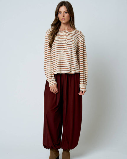 MULTICOLOR STRIPE LONG SLEEVE YOKE DETAIL KNIT TOP