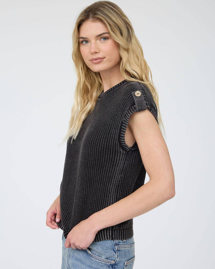 ACID WASHED TAB SLEEVE BACK BUTTON KNIT TOP