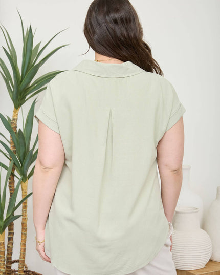 PLUS COLLARED SPLIT NECK CUFF SLEEVE LINEN TOP