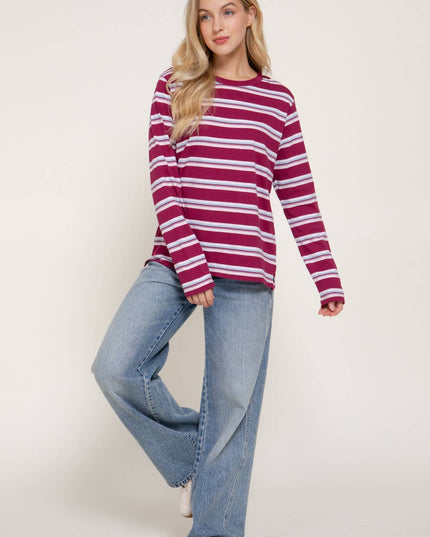 Long Sleeve Crew Neck Y/D Multi Striped Knit Top