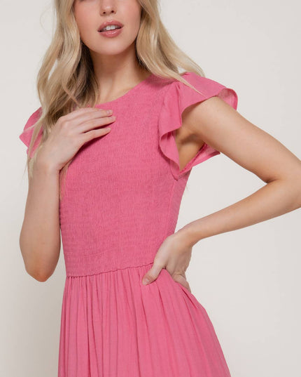 Ruffle Sleeve Crew Neck Smocked Detail Solid Tired Dress