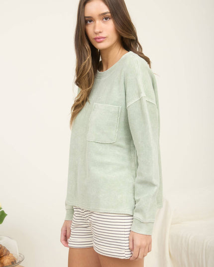 WASHED POCKET DETAIL LONG SLEEVE RIB KNIT TOP